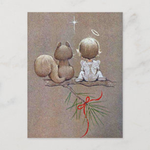 Süßer vintage Weihnachtsengel und Eichhörnchen Feiertagspostkarte