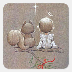 Süßer vintage Weihnachtsengel und Eichhörnchen Quadratischer Aufkleber