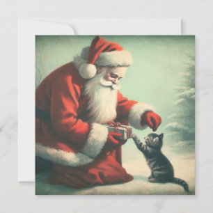 Süßer Vintage-Weihnachtsmann mit Kätzchen  Karte