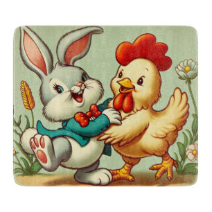Süßer, vintage Zeichentrickfilm-Hahn und -Hase Schneidebrett