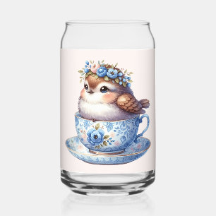 Süßer Vogel in floraler Teetasse Cottagecore-Kunst Dosenglas