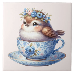 Süßer Vogel in floraler Teetasse Cottagecore-Kunst Fliese