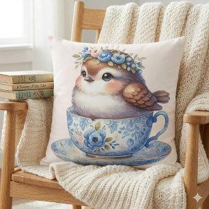 Süßer Vogel in floraler Teetasse Cottagecore-Kunst Kissen