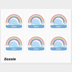Süßer Wal und Regenbogen, Bunter Kindername Quadratischer Aufkleber