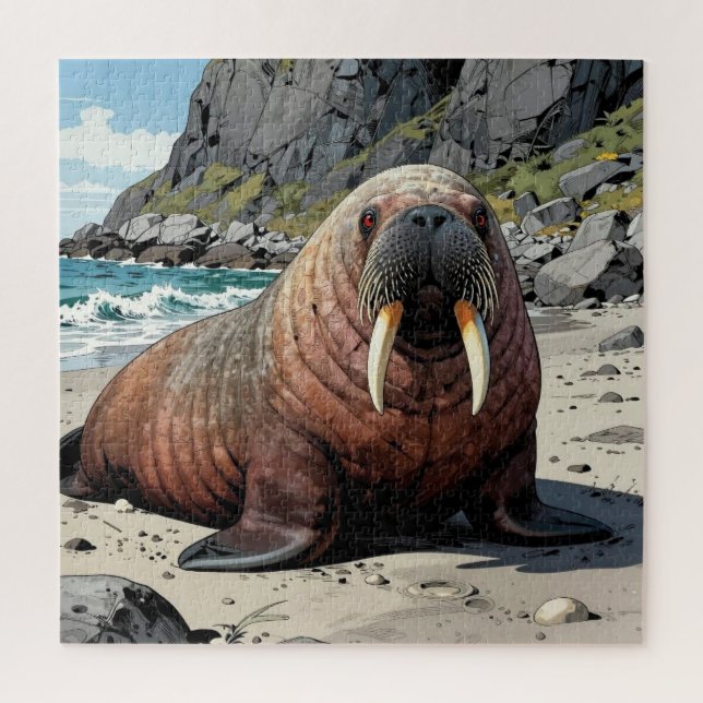 Süßer Walross auf einem Sandstrand  Puzzle (Vertikal)