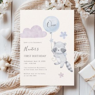 Süßer Waschbär fliegt mit Ballon zum ersten Geburt Einladung