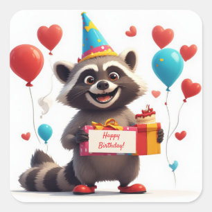 Süßer Waschbär-Geburtstag mit Geschenk und Schild  Quadratischer Aufkleber