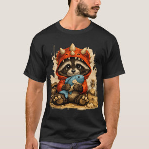 Süßer Waschbär in Dinosaurierkostüm mit Fisch T-Shirt