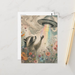 Süßer Waschbär in Wildblumen und das UFO Postkarte
