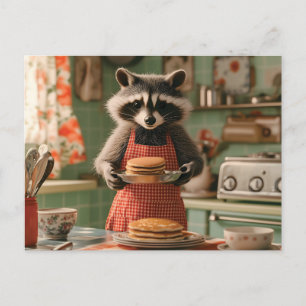 Süßer Waschbär-Koch in einer Retro-Küche serviert Feiertagspostkarte