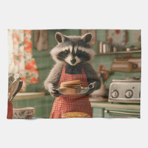 Süßer Waschbär-Koch in einer Retro-Küche serviert  Geschirrtuch