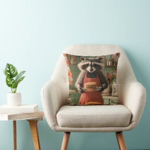 Süßer Waschbär-Koch in einer Retro-Küche serviert Kissen