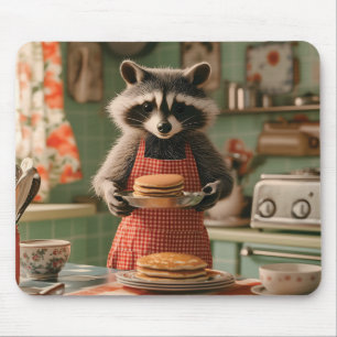 Süßer Waschbär-Koch in einer Retro-Küche serviert Mousepad