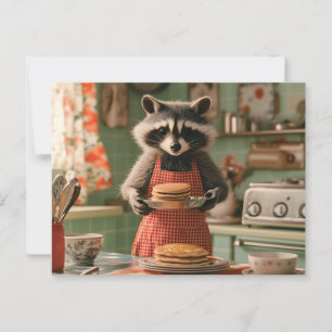 Süßer Waschbär-Koch in einer Retro-Küche serviert Postkarte