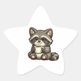 Süßer Waschbär mit Kaffee – Gemütliches Kawaii-Tie Stern-Aufkleber