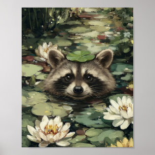 Süßer Waschbär mit Seerosenblatt-Hut Wasserfarbe W Poster