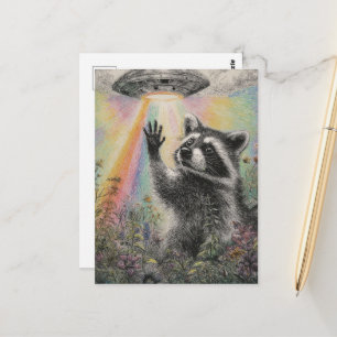 Süßer Waschbär und ein UFO Postkarte