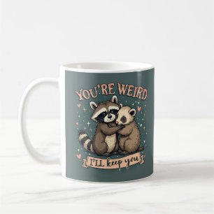 Süßer Waschbär und Frettchen umarmen sich mit lust Kaffeetasse