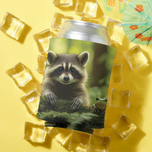 Süßer Waschbär und Frosch, die über einen moosigen Dosenkühler