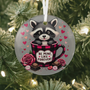 Süßer Waschbär-Valentinstag-Buffalo-Karo-Ästhetik Ornament Aus Glas