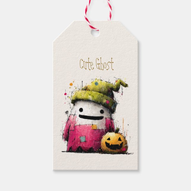 Süßer Wasserfarb-Patchwork-Geister-Halloween Geschenkanhänger (Vorderseite)