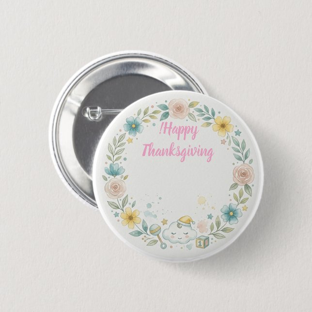 Süßer Wasserfarben-Blumen-Happy-Thanksgiving-Knopf Button (Vorne & Hinten)