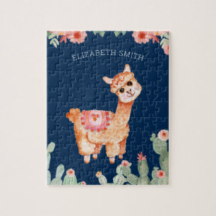 Süßer Wasserfarben-Blumen-Kaktus-Lama-Name Puzzle