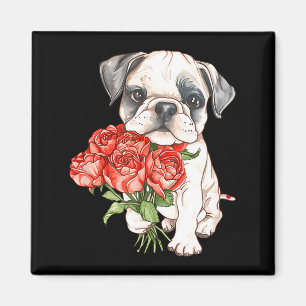 Süßer Wasserfarben-Bulldoggen-Welpe hält rote Rose Magnet