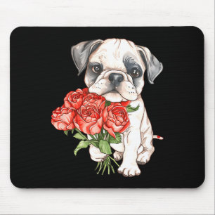 Süßer Wasserfarben-Bulldoggen-Welpe hält rote Rose Mousepad