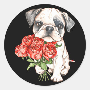 Süßer Wasserfarben-Bulldoggen-Welpe hält rote Rose Runder Aufkleber