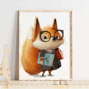 Süßer Wasserfarben-Fuchs-Buch-Student   Fuchs-Wand Poster