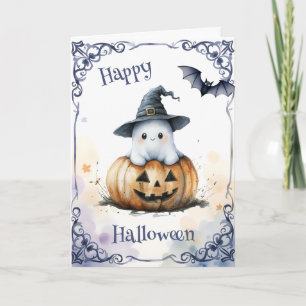 Süßer Wasserfarben-Halloween-Geist auf einem Kürbi Karte