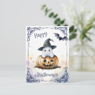 Süßer Wasserfarben-Halloween-Geist auf einem Kürbi Postkarte