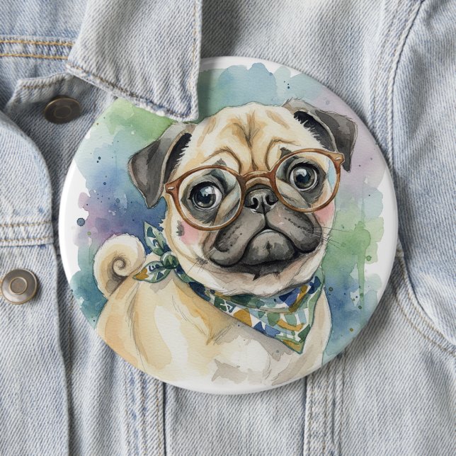 Süßer Wasserfarben-Mops mit Brille Button (Beispiel)