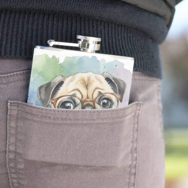 Süßer Wasserfarben-Mops mit Brille Flachmann (Beispiel)