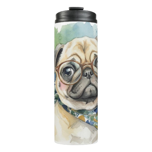 Süßer Wasserfarben-Mops mit Brille Thermosbecher (Vorderseite)