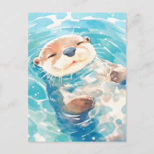 Süßer Wasserfarben-Otter, der im blauen Wasser tre Postkarte
