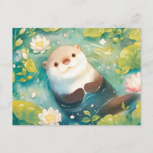 Süßer Wasserfarben-Otter-Teich-Lilie Postkarte