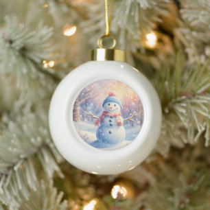 Süßer Wasserfarben-Schneemann im Winterwunderland Keramik Kugel-Ornament