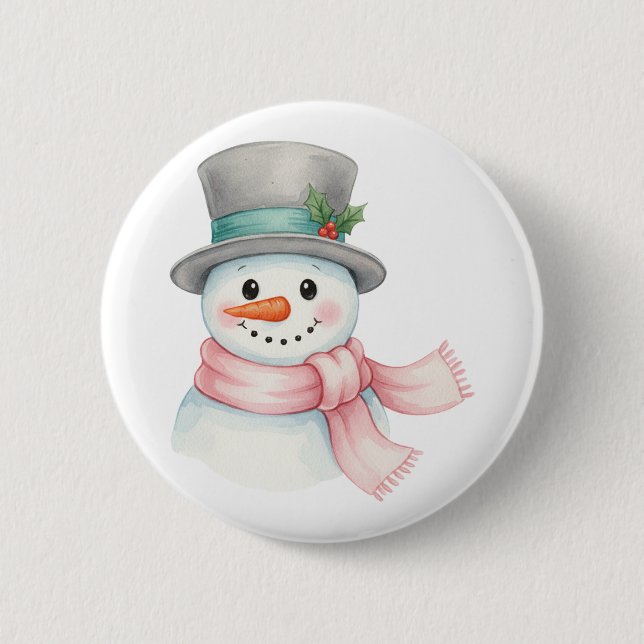 Süßer Wasserfarben-Schneemann mit rosa Schal Feier Button (Vorderseite)