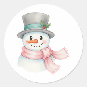 Süßer Wasserfarben-Schneemann mit rosa Schal Feier Runder Aufkleber