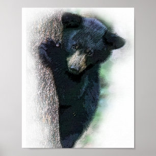 Süßer Wasserfarben-Schwarzbärjunges im Baum Poster