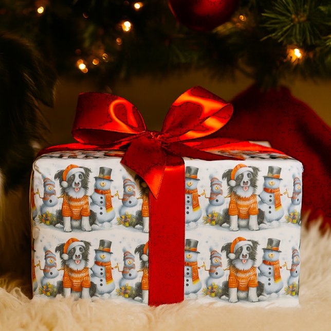 Süßer Weihnachts-Border-Collie-Hund und Schneemann Geschenkpapier (Von Creator hochgeladen)