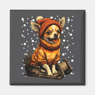 Süßer Weihnachts-Chihuahua beim Schlittenfahren im Magnet