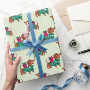 Süßer Weihnachts-Dackel in grünem Pullover grün Geschenkpapier