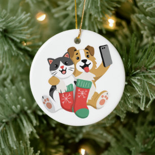 Süßer Weihnachts-Hund und -Katze Selfie – Lustiger Keramik Ornament