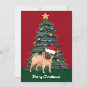 Süßer Weihnachts-Mops mit Santa-Hut in Rot Karte