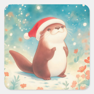 Süßer Weihnachts-Otter-Aufkleber mit Santa-Mütze Quadratischer Aufkleber