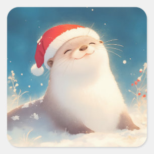 Süßer Weihnachts-Otter-Aufkleber mit Santa-Mütze Quadratischer Aufkleber