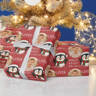 Süßer Weihnachts-Pinguin mit personalisiertem Foto Geschenkpapier